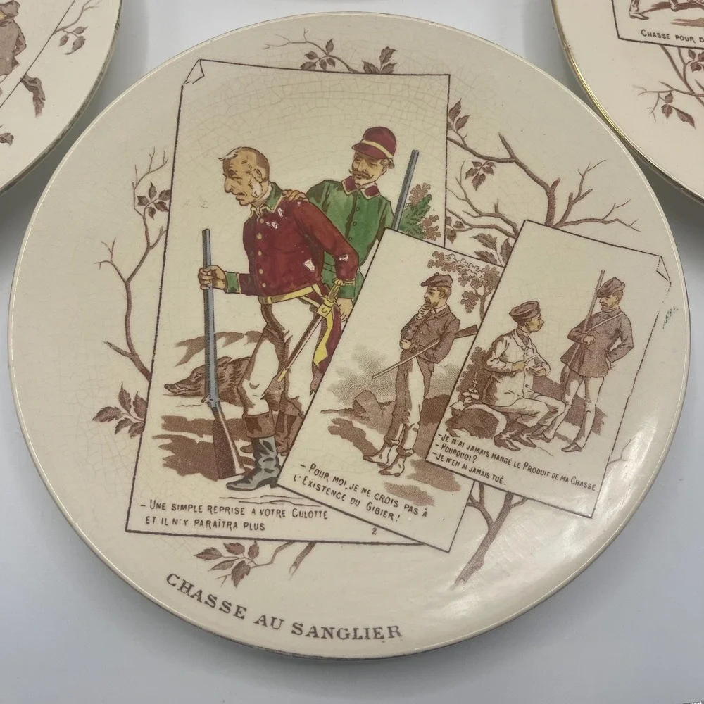 6 U&C faience plates from Sarreguemines hunt French humor funny hunting comedy